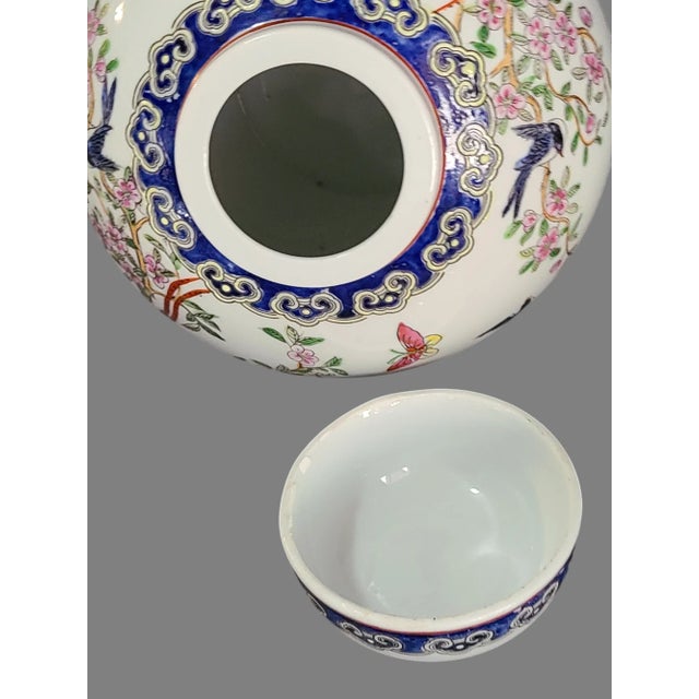 Blue Vintage Asian Macau Hand Painted Colorful Floral Birds Ginger Jar Marked For Sale - Image 8 of 9