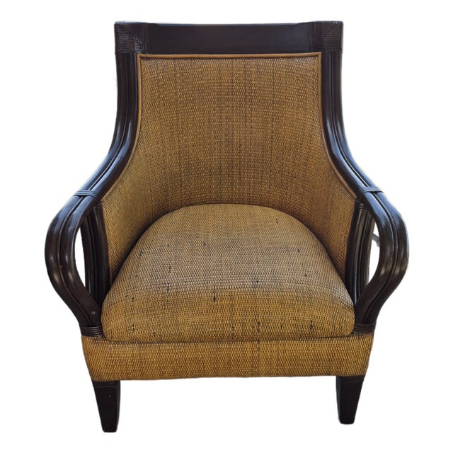 Mid 20th Century British Colonial Style Woven Rattan Wingback Armchair For Sale