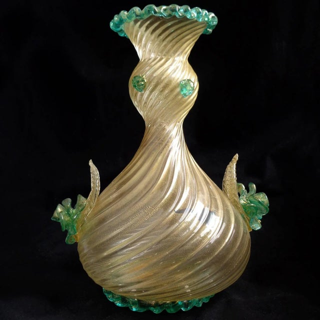 Art Deco Vintage Murano Barovier Toso Green Roses Gold Flecks Italian Art Deco Style Glass Midcentury Flower Vase For Sale - Image 3 of 7