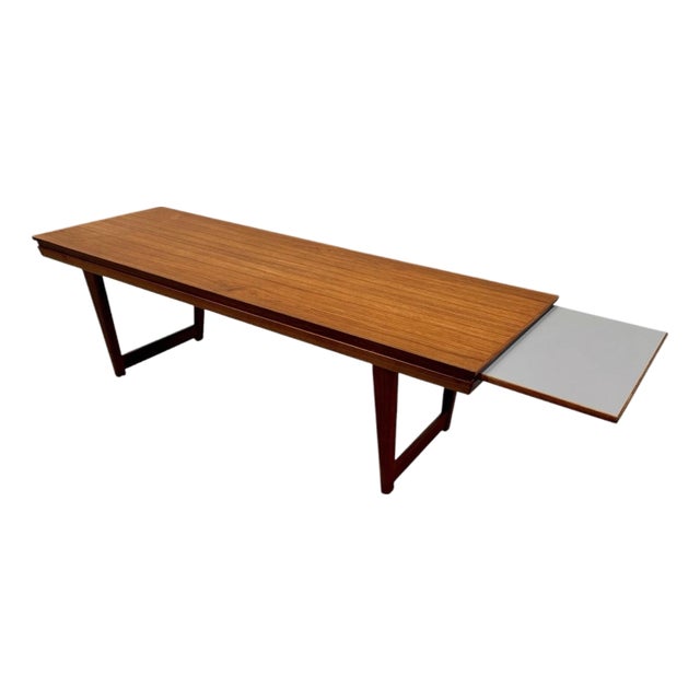 Large Mid Century Modern Danish Teak Bench With Pull Out Tray For Sale