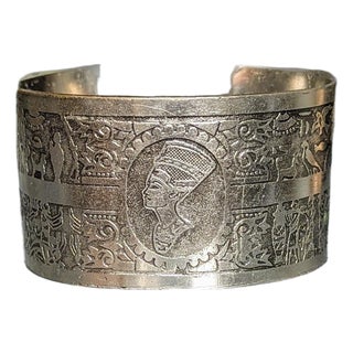 Mid Century Egyptian Silver Cuff With Incised Depiction of Cleopatra For Sale
