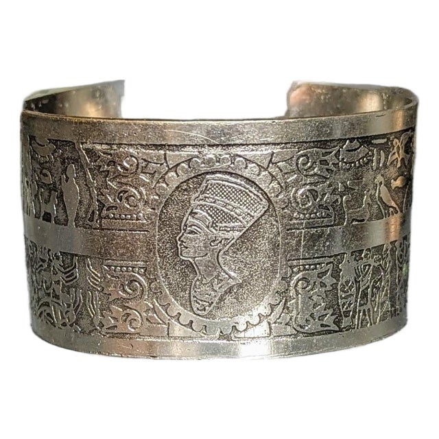 Mid Century Egyptian Silver Cuff With Incised Depiction of Cleopatra For Sale