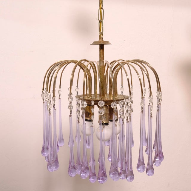 Beautiful cascade chandelier with lilac Murano glass drops and Swarovski crystals. Three lights. Dimensions: Maximum...
