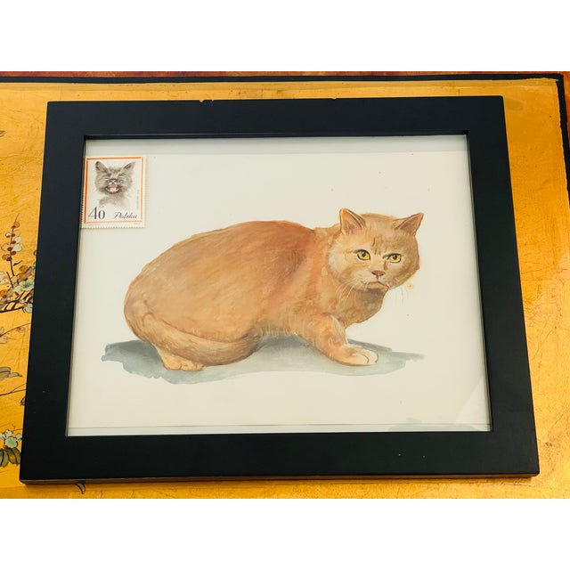 1970s Watercolor Cat Portrait With Stamp Painting For Sale - Image 5 of 5