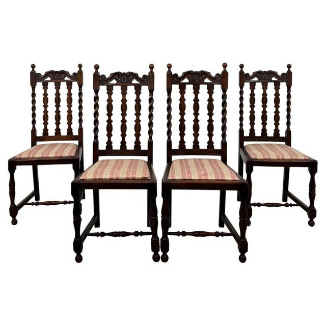 Brown Antique 20th Century Barley Twist Oak Dining Chairs, Set of 4 For Sale - Image 8 of 8