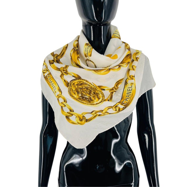 French Chanel White Printed 100% Silk Scarf For Sale - Image 3 of 8