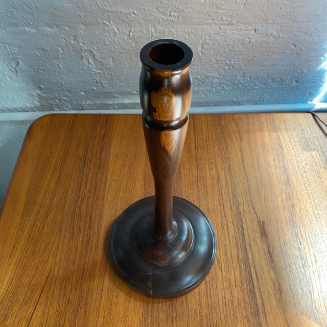 Brown 20th C. Pair of Mid-Century Modern Tall Turned Rosewood Candle Holders For Sale - Image 8 of 9
