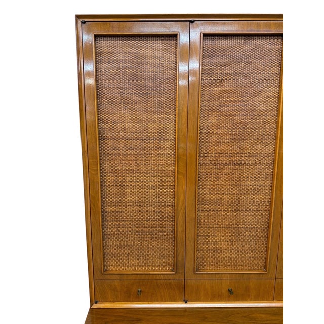 Brown Mid-Century Modern Walnut & Cane 2-Piece Tambour Hutch For Sale - Image 8 of 10