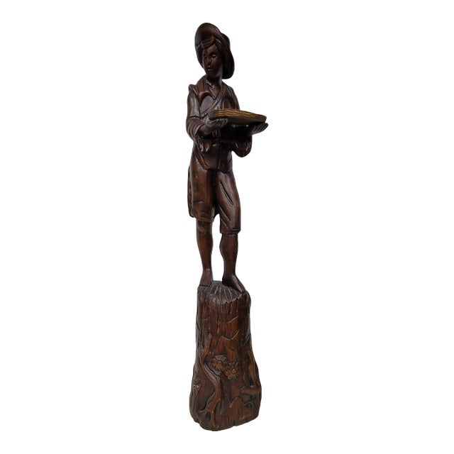 Vintage Sculpture of French Breton Brittany Page Holding a Key Tray Folk Art Boy on Stump For Sale
