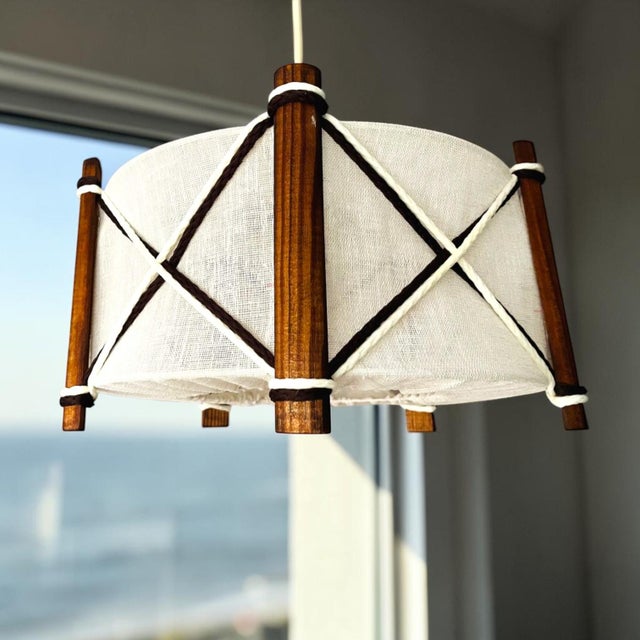 Scandinavian Wood and Linen Lampshade Hanging Lamp, 1960s For Sale - Image 11 of 11