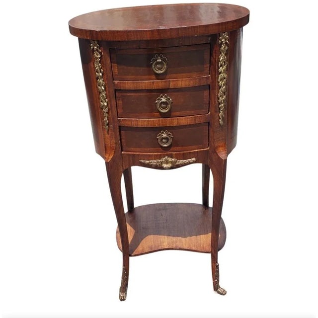Brown French Louis XV Style Brass Ormolu Mahogany 2-Tier 3-Drawer Oval Side Table For Sale - Image 8 of 8
