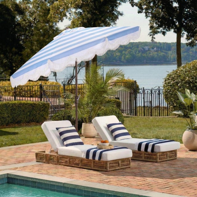 Transform your outdoor space with the sophisticated allure of the Lucerna 9 ft crank umbrella in a delightful baby blue...