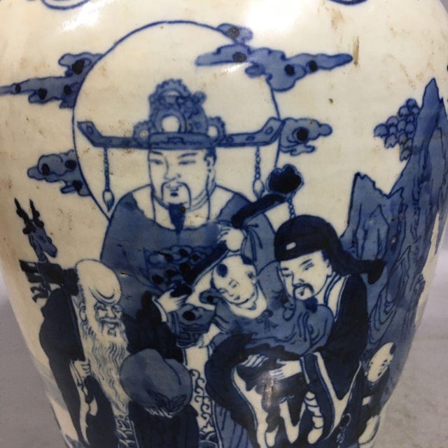 Ceramic Blue and White Fu Lu Shou Immortals Porcelain Storage Jar, Chinoiserie Decor Vessel For Sale - Image 7 of 8