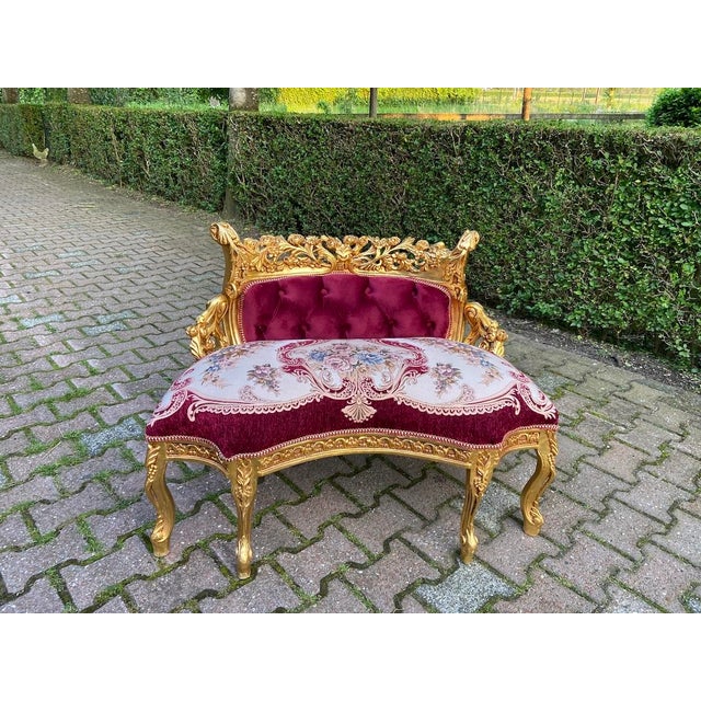 Late20C French Artisan Louis XVI Style Gold Red Beech Settee For Sale - Image 12 of 14
