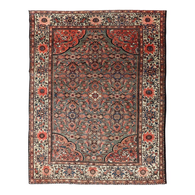 Antique Persian Malayer Rug With Teal Field and Coral Spandrel Design 4'7 X 6'3 For Sale