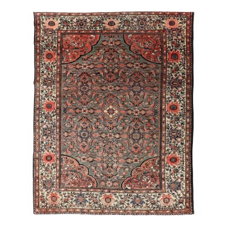Antique Persian Malayer Rug With Teal Field and Coral Spandrel Design For Sale