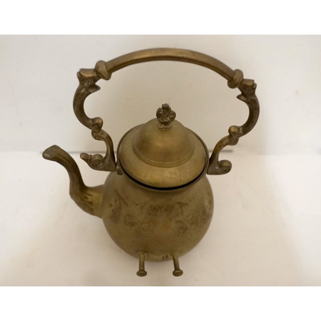 19th Century Antique Engraved Victorian Brass Hot Water Tea Kettle For Sale - Image 5 of 12