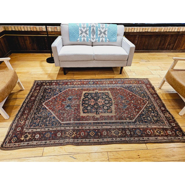 19th Century Persian Bidjar Rug, Hand-Knotted Wool, Geometric Herati Pattern, Burgundy & Blue, 5x7 For Sale - Image 12 of 18