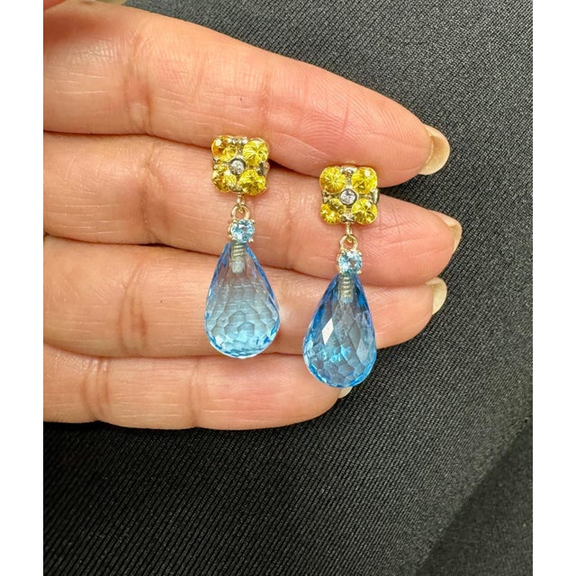 Metal 26.73 Carat Blue Topaz Yellow Sapphire Yellow Gold Drop Earrings - 2 Pieces For Sale - Image 7 of 7