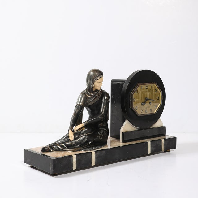 Art Deco Emoy Mantelpiece Clock With Seated Flapper in the Manner of Chiparus For Sale - Image 9 of 17