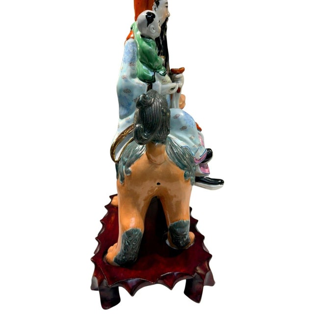 Vintage Chinese Porcelain Immortal W/Child Riding Foo Lion Statue 15" Mark 082 For Sale - Image 11 of 16