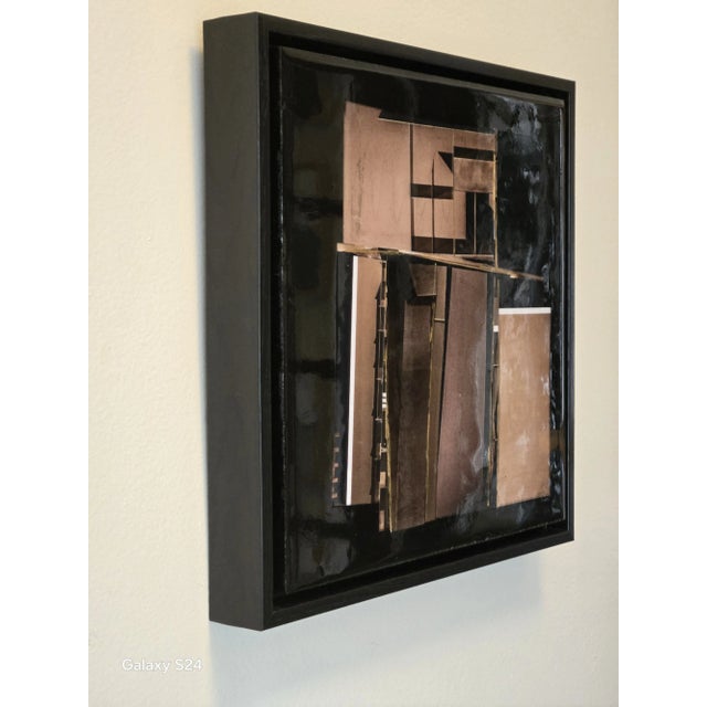 Framed abstract collage art. Mixed media acrylic paint and paper with resin on wood - 10W x 10H x 2