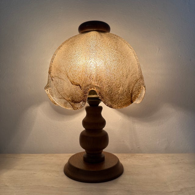 Vintage Brutalist Glass Table Lamp with Oak Wooden Base, 1970s For Sale - Image 4 of 18