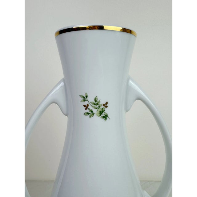 1950s Hollohaza Hungary Erika Green Floral Handled Porcelain Vase For Sale - Image 4 of 11