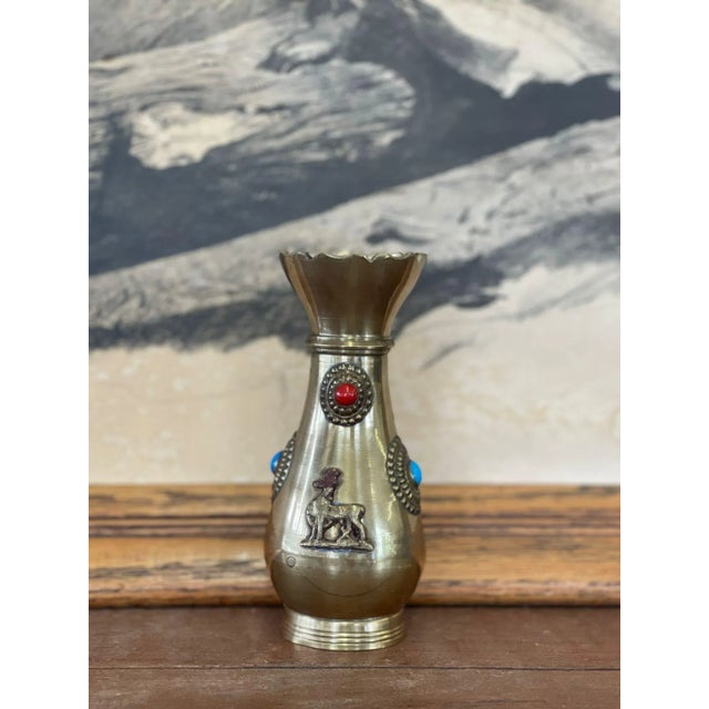 1970s Decorative Brass Bejeweled Vase Red and Blue Accents Chairish