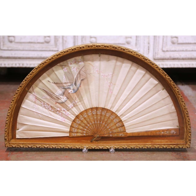 Late 19th Century 19th Century French Hand-Painted Silk Fan With Carved Wood Sticks in Frame For Sale - Image 5 of 7