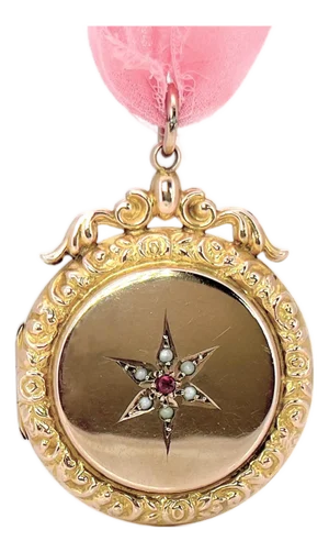 Antique Pearl & Garnet Celestial Star Locket, 9kt Back and Front