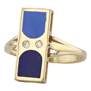Mid 20th Century Italian Vibrant Blue Enamel Diamond Ring 18k Yellow Gold Size 6.75 For Sale