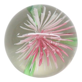 Art Glass Clear Globe Paperweight With Pink Chrysanthemum and Green Leaves 4848b For Sale