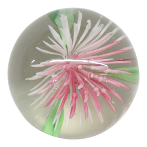 Art Glass Clear Globe Paperweight With Pink Chrysanthemum and Green Leaves 4848b