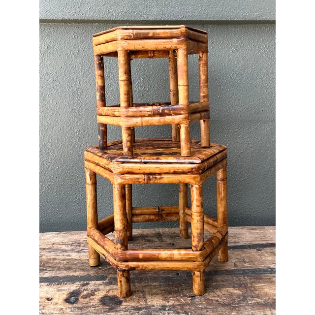 Vintage Hexagonal Bamboo Orchid Pedestals - Set of 2 For Sale - Image 10 of 12