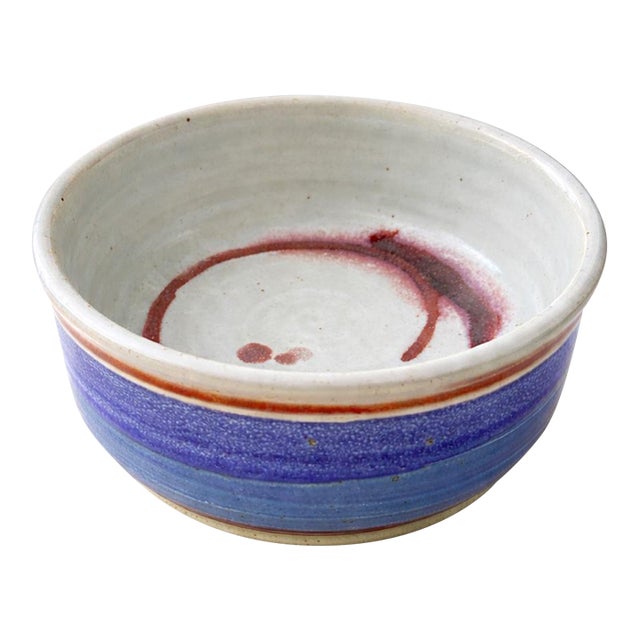 Late 20th Century Signed Studio Pottery Bowl by Klein Art – Blue & Plum Glaze – 8” Diameter – Organic Modern / Wabi Sabi For Sale