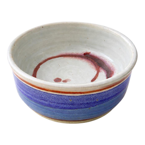 Late 20th Century Signed Studio Pottery Bowl by Klein Art – Blue & Plum Glaze – 8” Diameter – Organic Modern / Wabi Sabi