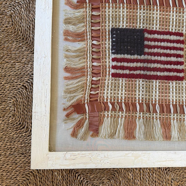 Pink Vintage American Folk Art Fiber Textile Flag, Framed, 29” Square For Sale - Image 8 of 12