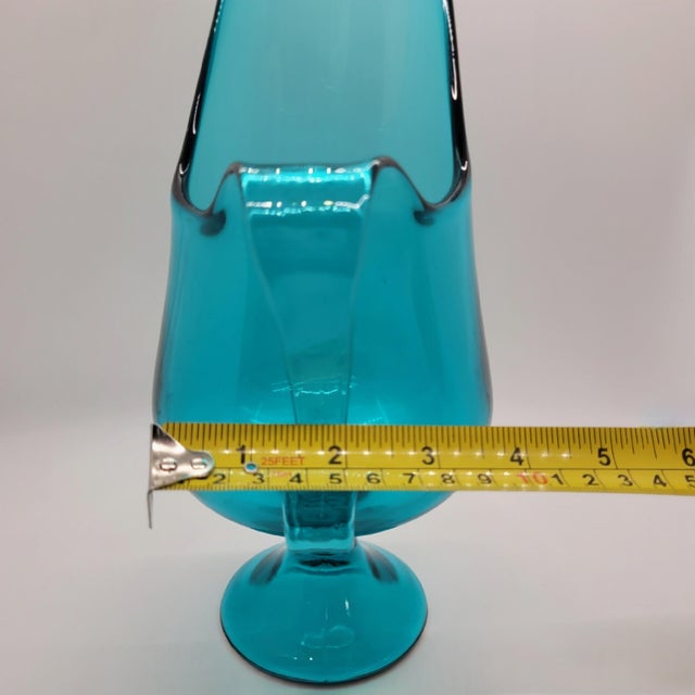 Aqua Vintage Le Smith MCM Aqua Glass Pitcher Candleholder Vase Simplicity Design For Sale - Image 8 of 10