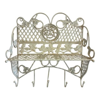 Vintage White Wrought Iron Wall Shelf With Hooks, Ornate Lattice and Floral Detail For Sale