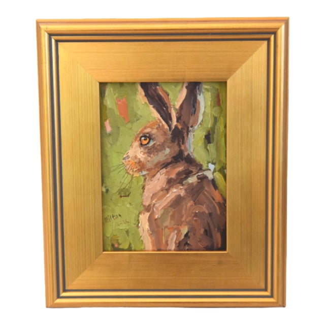 Impressionist Rabbit Hare Oil Painting Includeing the Antiuqued Gold Wood Frame For Sale