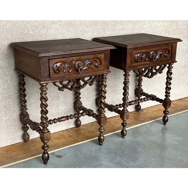 French 20th Century Pair of Solid Carved French Nightstands With Turned Columns For Sale - Image 3 of 13