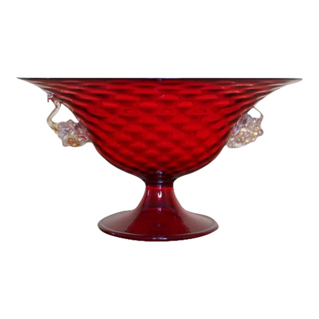 Vintage Ruby Red Murano Art Glass Footed Compote With Applied Grapes For Sale