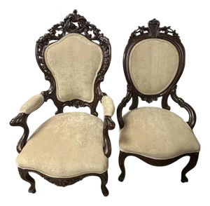 Pair of Turn of the Century Walnut Victorian His & Her Chairs