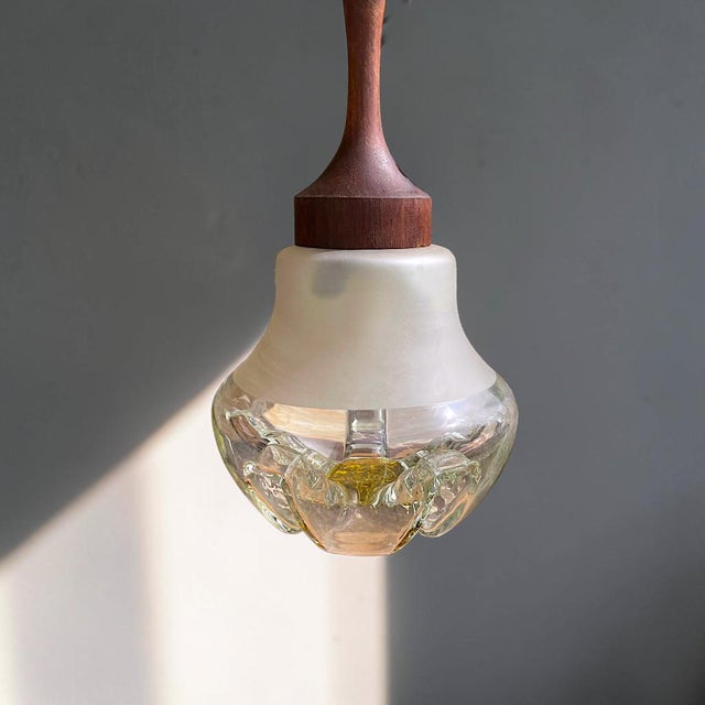 Small Mid-Century Modern Hanging Light in Art Glass and Turned Teak, 1960s For Sale - Image 9 of 9