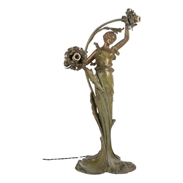 Art Nouveau Table Lamp Depicting a Woman with a Water Lily, 1900s For Sale