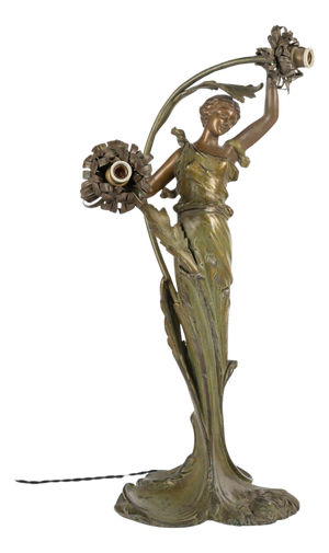 Art Nouveau Table Lamp Depicting a Woman with a Water Lily, 1900s