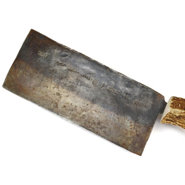 Early 20th Century Primitive Kitchen Cleaver With Antler Handle, Made in Hong Kong For Sale - Image 4 of 10