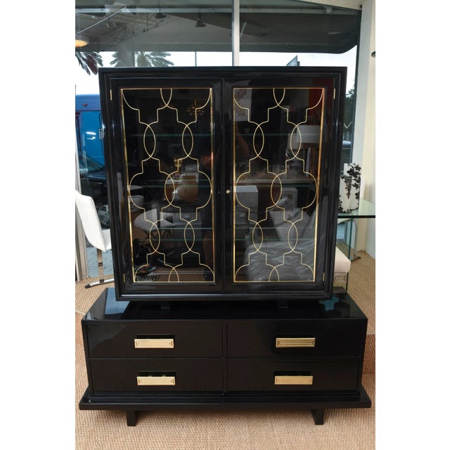Vintage Rare Grosfeld House Modernist Black Lacquered Over Wood, Brass and Glass Cabinet, 1940's For Sale - Image 12 of 13