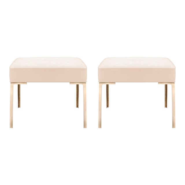 Astor Brass Ottomans in Bone Ultrasuede by Montage, Pair For Sale